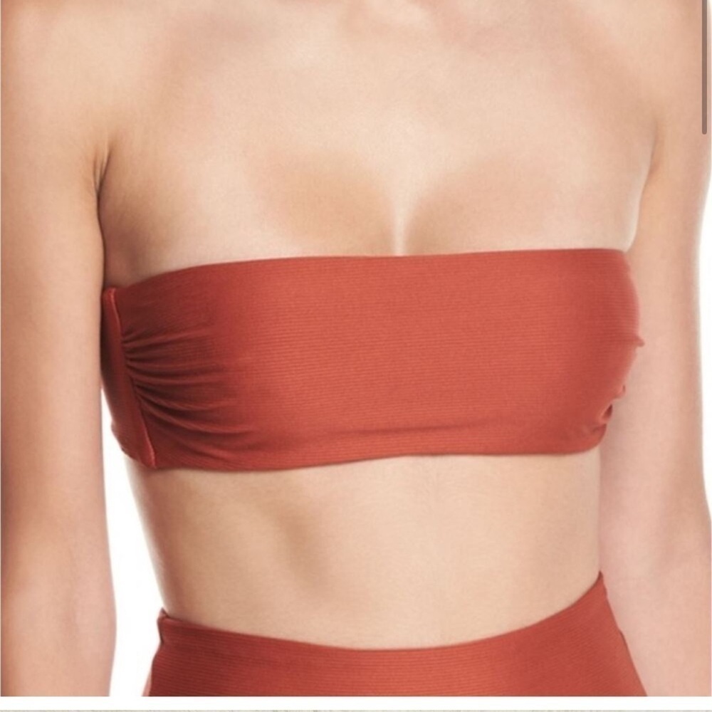Mara Hoffman Abigail Ribbed Knotted Strapless Bandeau Swim Bikini Top Rust